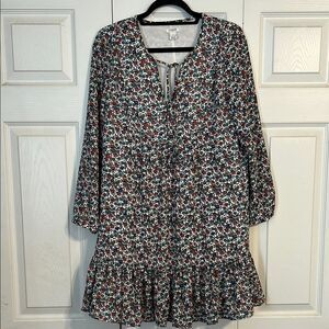 J. CREW Size Small Fiery Sunset Peplum Hem Long Sleeve Dress DitsyFloral V-Neck